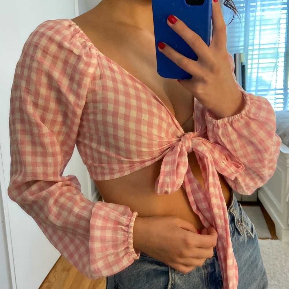 Pink Gingham Tie Cropped Top